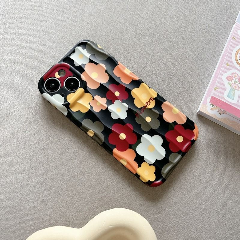 Black With Colorful Floral Flowers Textured Soft Silicone iPhone Case