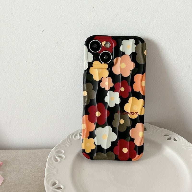 Black With Colorful Floral Flowers Textured Soft Silicone iPhone Case