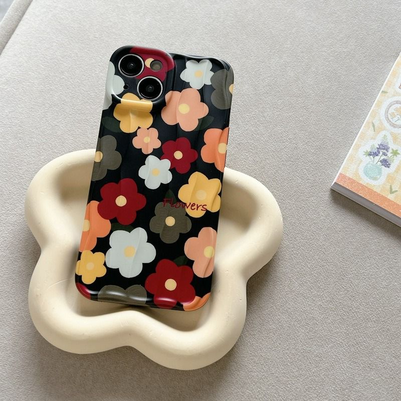 Black With Colorful Floral Flowers Textured Soft Silicone iPhone Case