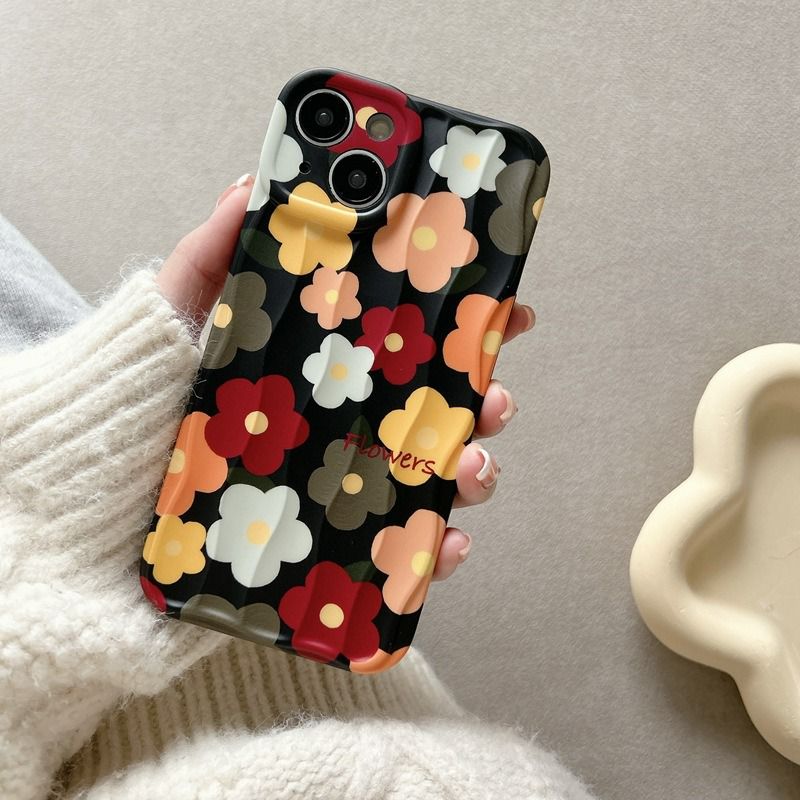 Black With Colorful Floral Flowers Textured Soft Silicone iPhone Case