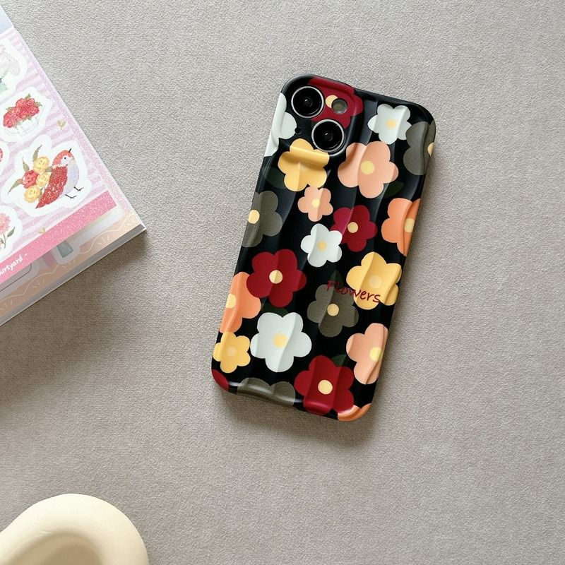 Black With Colorful Floral Flowers Textured Soft Silicone iPhone Case