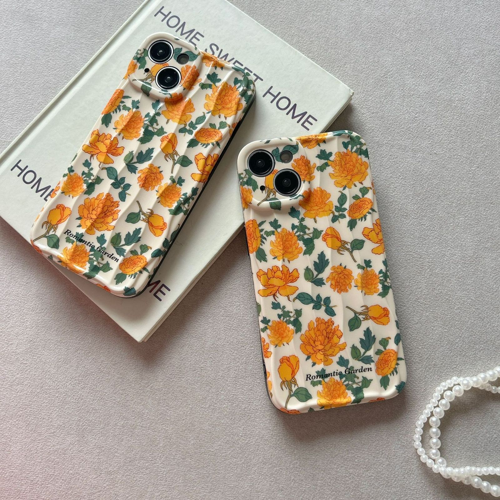 Orange Green Leaves Floral Textured Soft Silicone iPhone Case