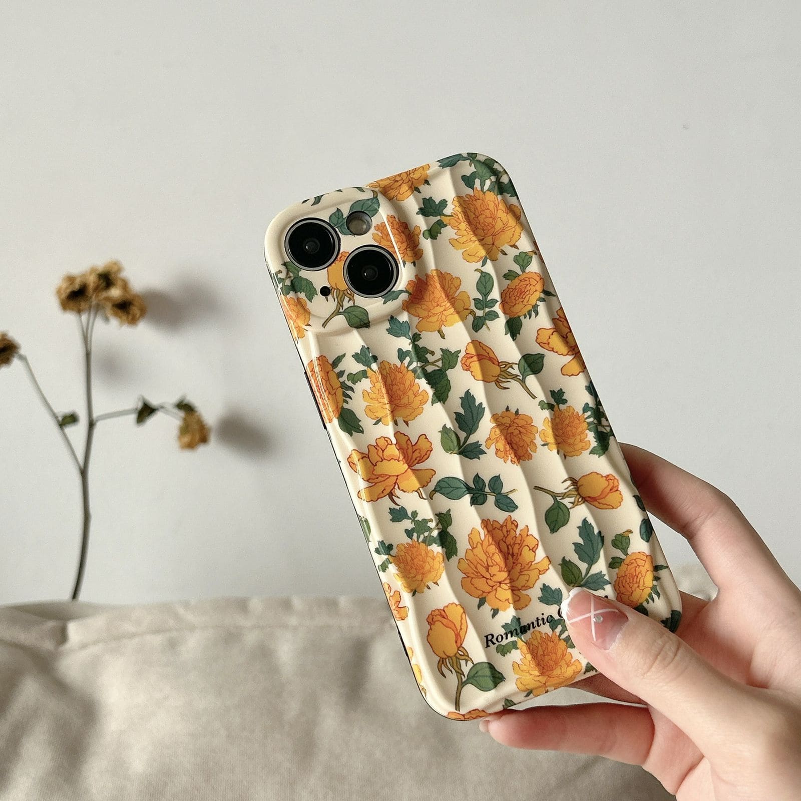 Orange Green Leaves Floral Textured Soft Silicone iPhone Case