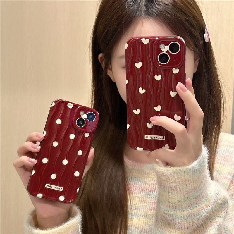 Maroon With White Hearts Textured Soft Silicone iPhone Case