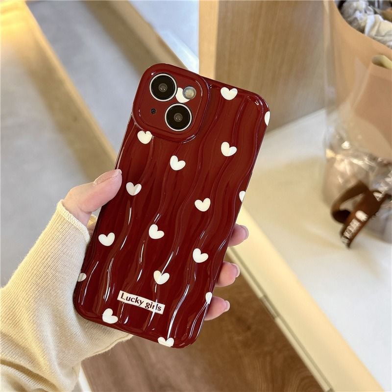 Maroon With White Hearts Textured Soft Silicone iPhone Case