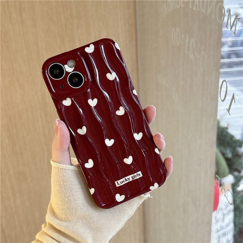 Maroon With White Hearts Textured Soft Silicone iPhone Case