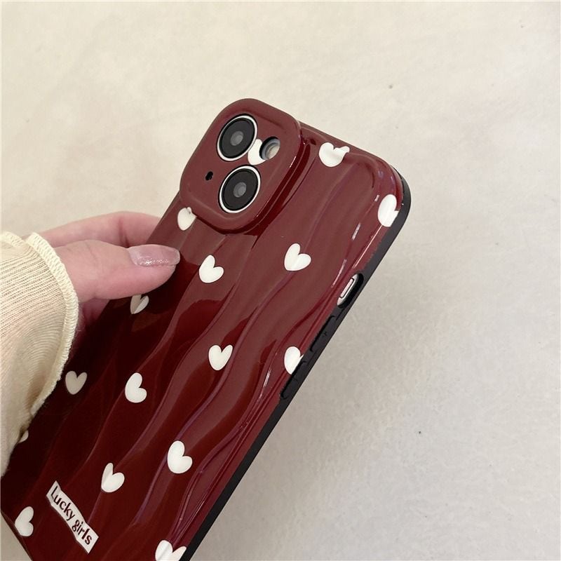 Maroon With White Hearts Textured Soft Silicone iPhone Case