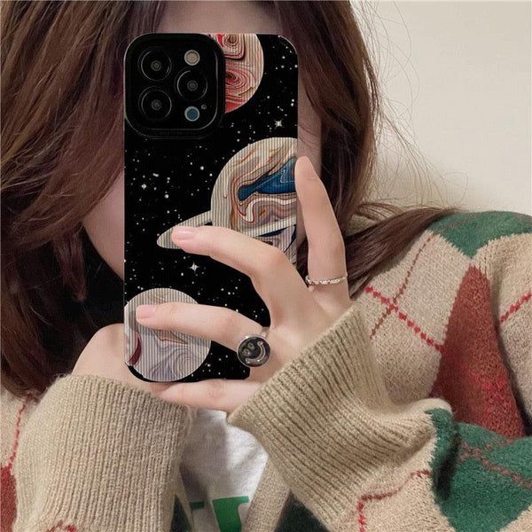 Planet Stars Galaxy Black iPhone Textured Silicone Case