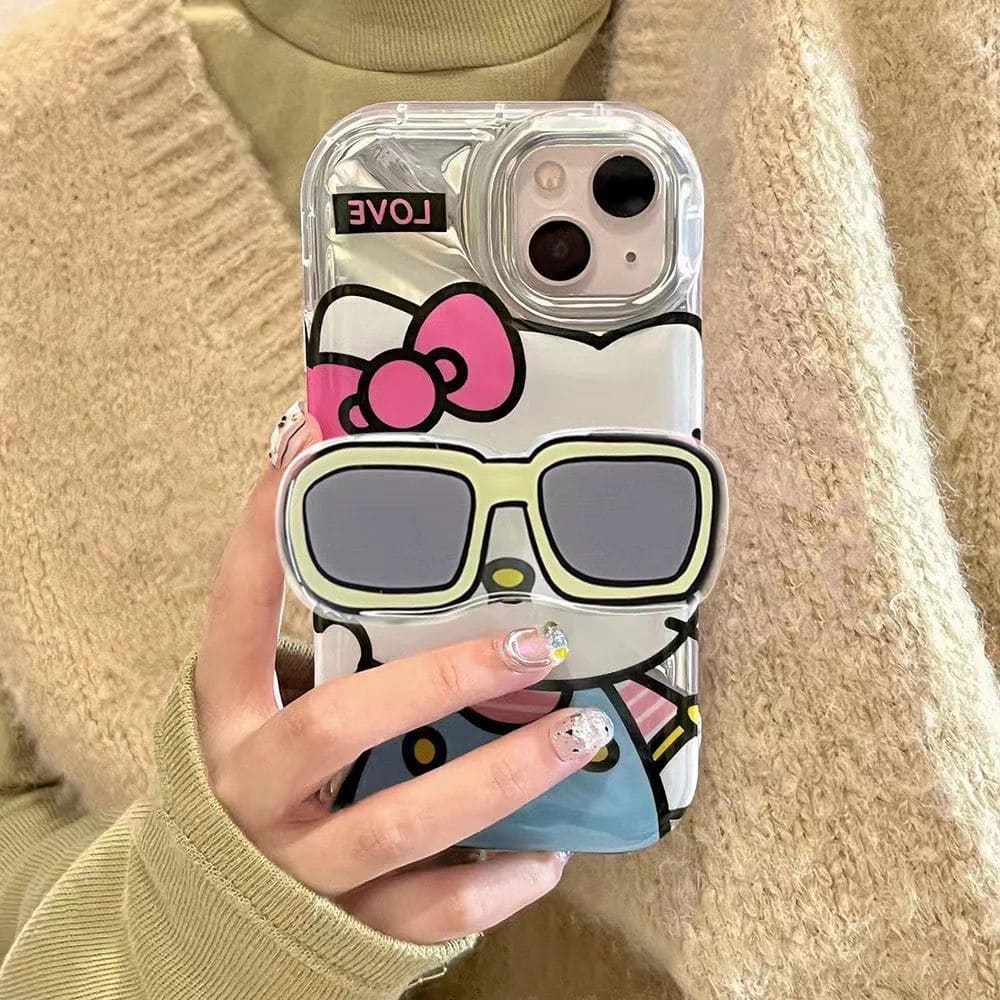 Hello Kitty With 3D Sunglasses Bracket Phone Holder iPhone Soft Case