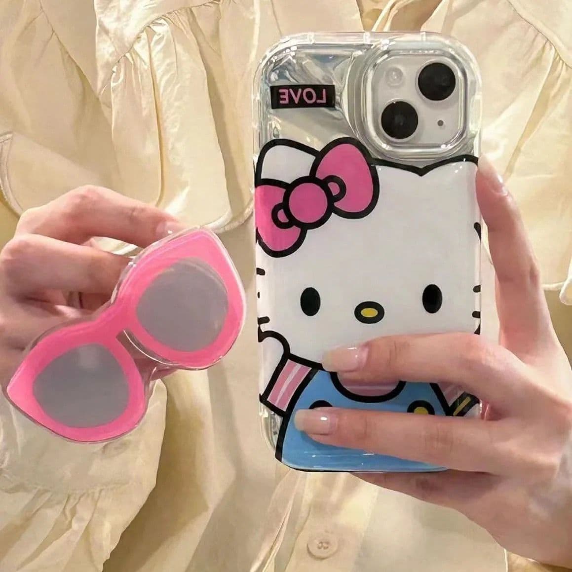 Hello Kitty With 3D Sunglasses Bracket Phone Holder iPhone Soft Case