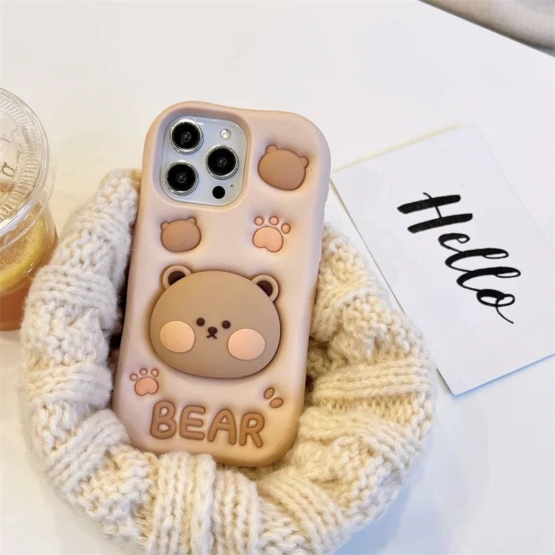 3D Teddy Bear Attached Phone Holder Rubber Silicone iPhone Case