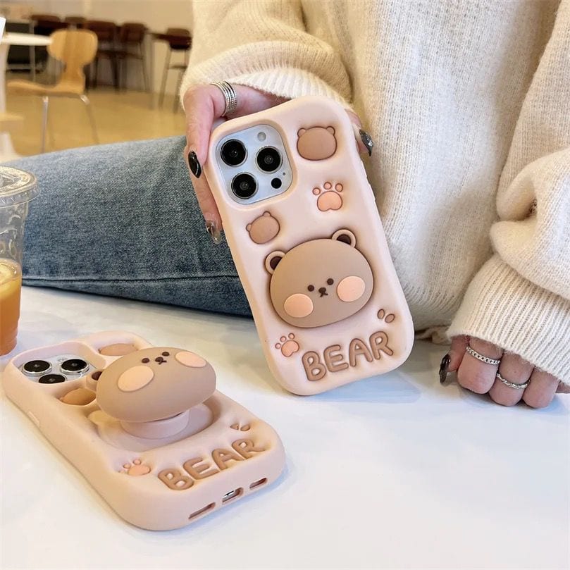 3D Teddy Bear Attached Phone Holder Rubber Silicone iPhone Case