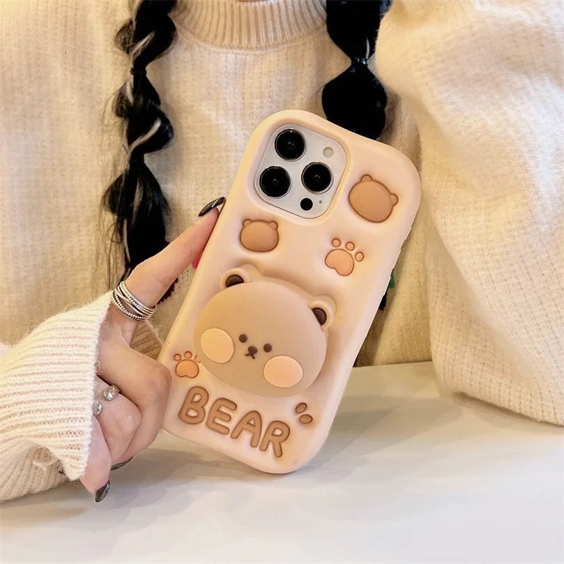 3D Teddy Bear Attached Phone Holder Rubber Silicone iPhone Case