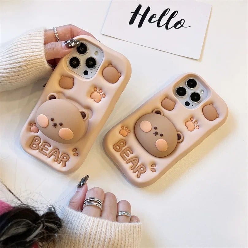 3D Teddy Bear Attached Phone Holder Rubber Silicone iPhone Case