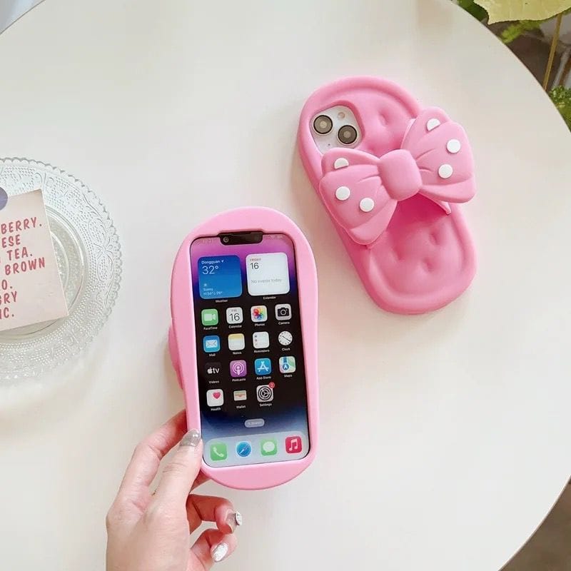 3D Pink Bow Slipper Trendy Rubber Silicone iPhone Case