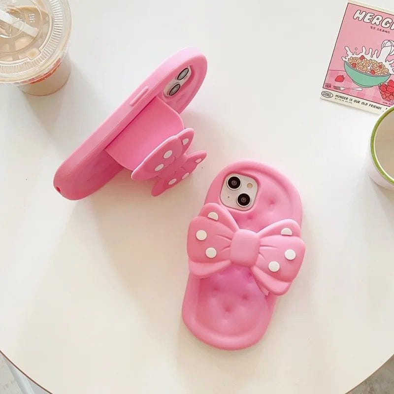 3D Pink Bow Slipper Trendy Rubber Silicone iPhone Case