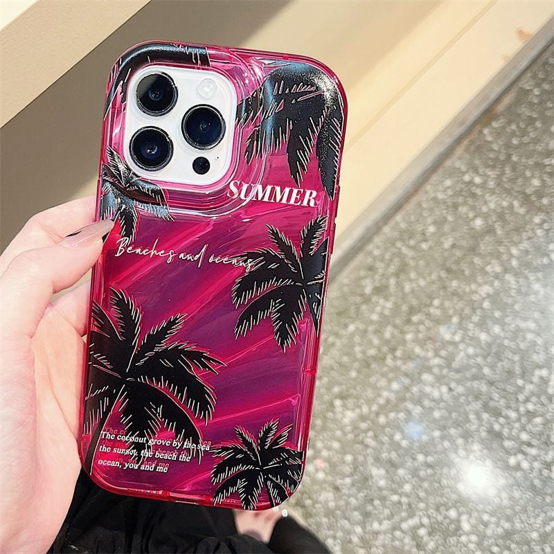 2 In 1 Hot Pink Summer Coconut Trees iPhone Soft Case