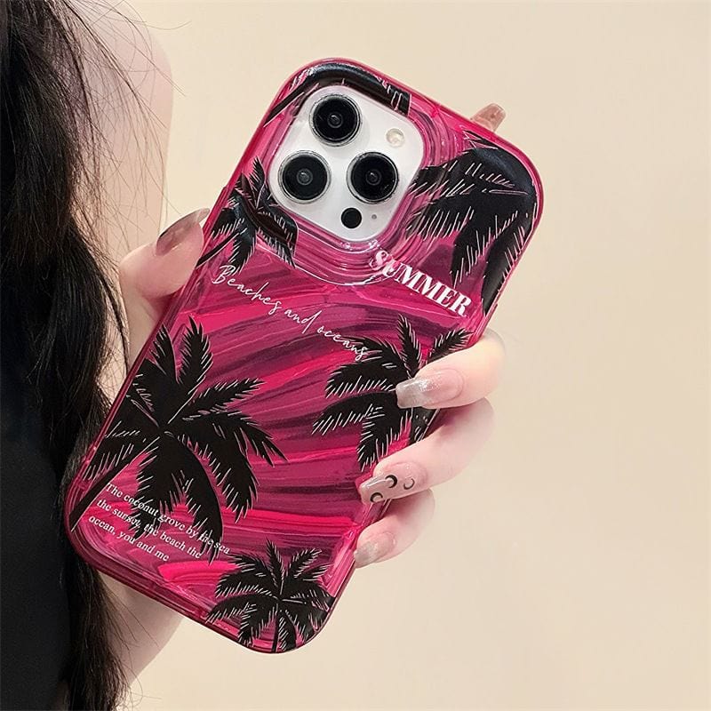 2 In 1 Hot Pink Summer Coconut Trees iPhone Soft Case