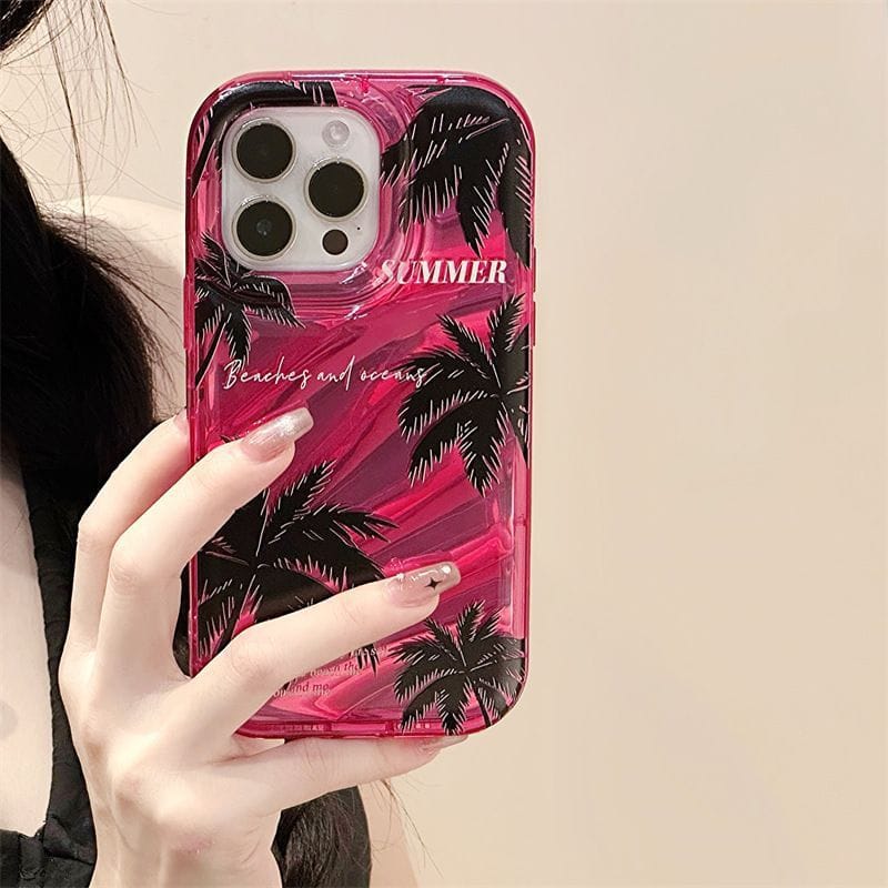 2 In 1 Hot Pink Summer Coconut Trees iPhone Soft Case