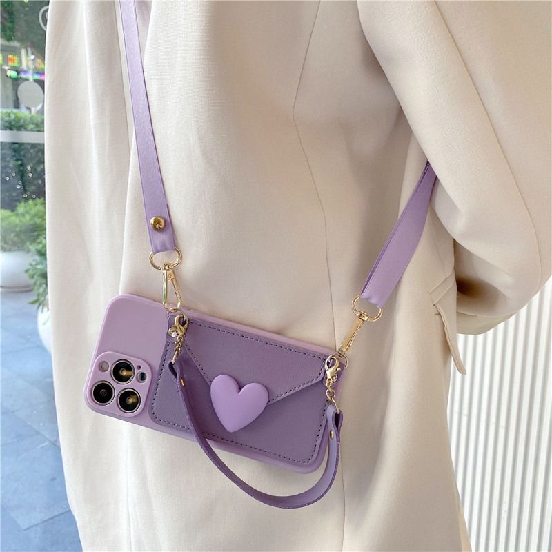 Luxury Heart Wallet Crossbody Bracelet Lanyard iPhone Rubber Silicone Case