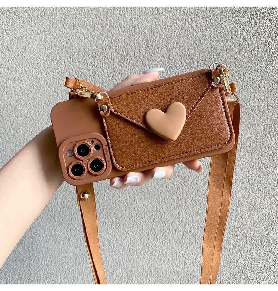 Luxury Heart Wallet Crossbody Bracelet Lanyard iPhone Rubber Silicone Case
