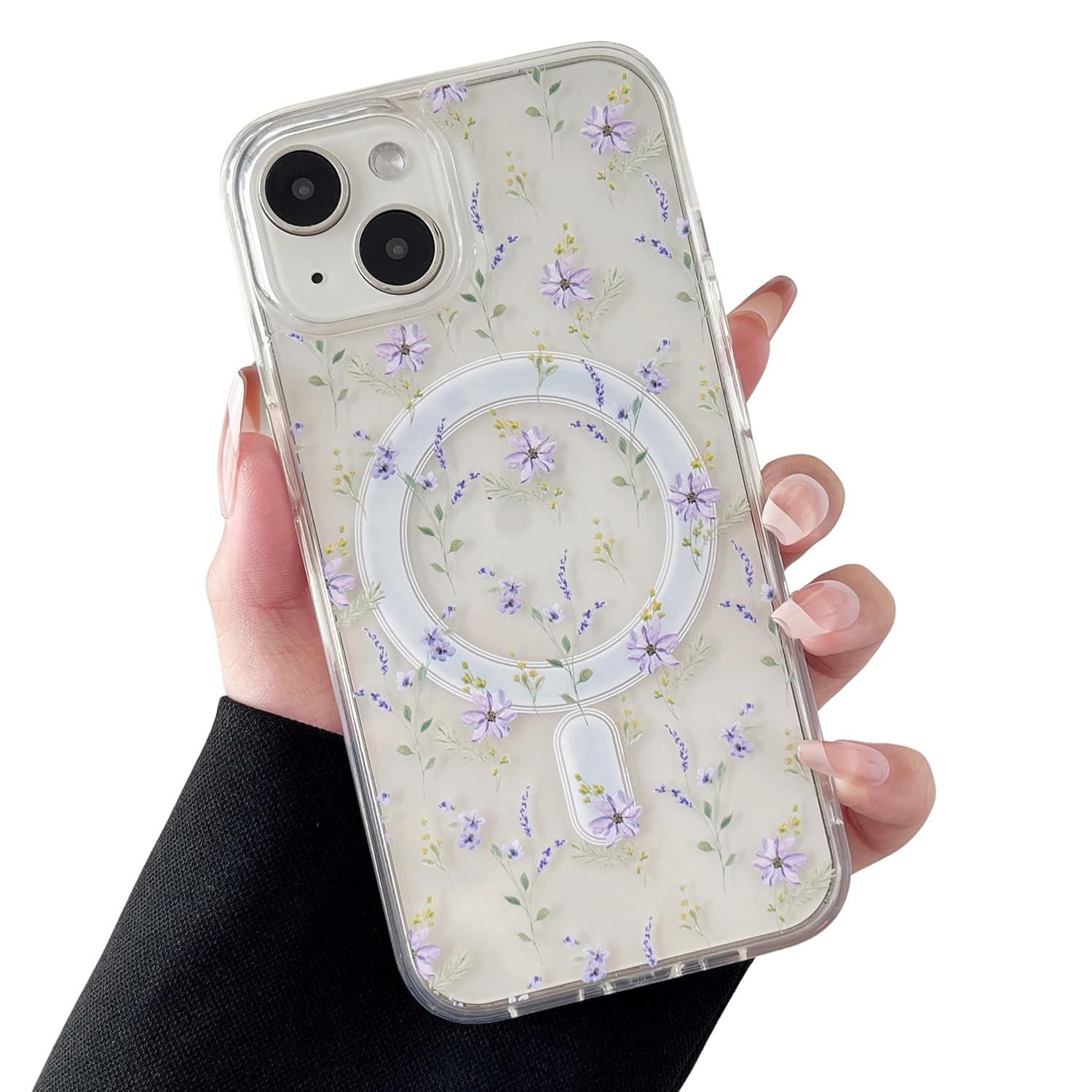 Purple Floral Flower Leaves Custom Magsafe Clear Transparent Hybrid Silicone Slim Case