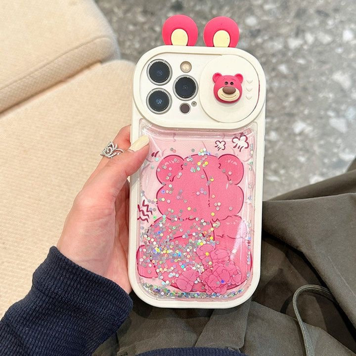 3D Pink bear Cartoon Ears Quicksand Slider Camera Protection iPhone Case For iPhone 15