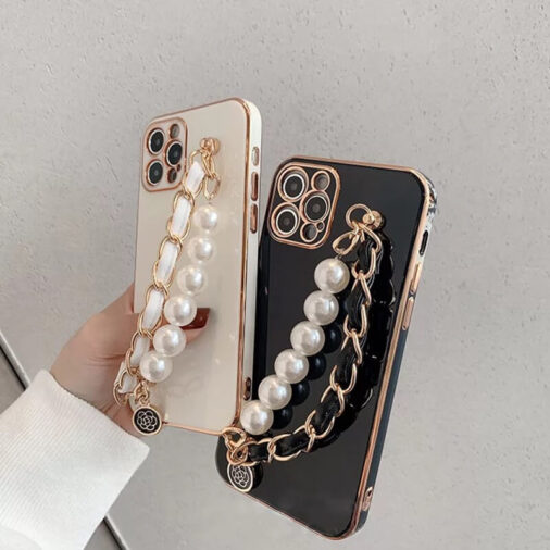 Luxury Pearl Strap Gold Plating Glossy Soft Silicone Cases