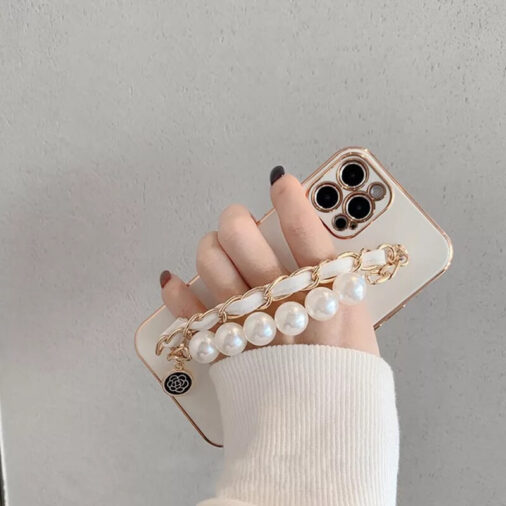 Luxury Pearl Strap Gold Plating Glossy Soft Silicone Cases