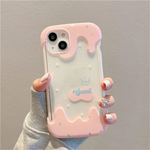 3D Cute Smiley Pink Ice Cream Transparent Silicone iPhone Case