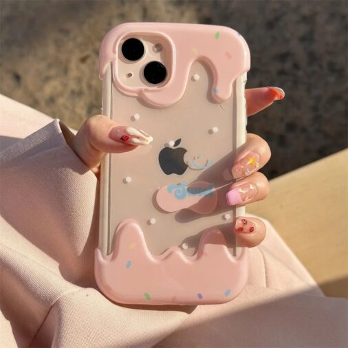 3D Cute Smiley Pink Ice Cream Transparent Silicone iPhone Case