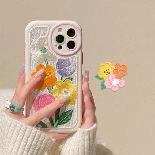Cute Embroidery Floral iPhone Plush Silicone Case