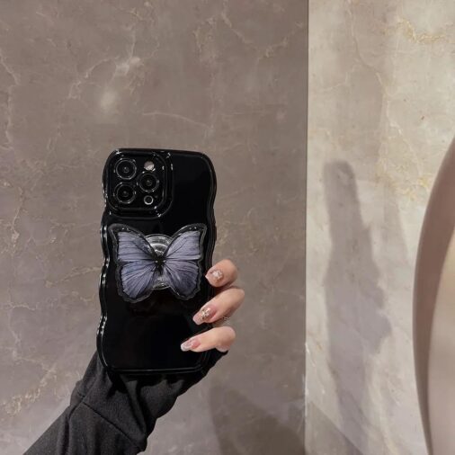 Black Butterfly With Bracket Holder Silicone Glossy iPhone Case
