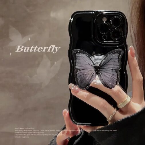 Black Butterfly With Bracket Holder Silicone Glossy iPhone Case