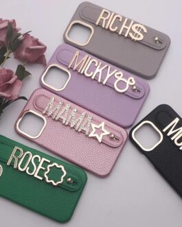 Luxury Leather iPhone Custom Name Plain Gold Metal Letters Bracelet Strap Case