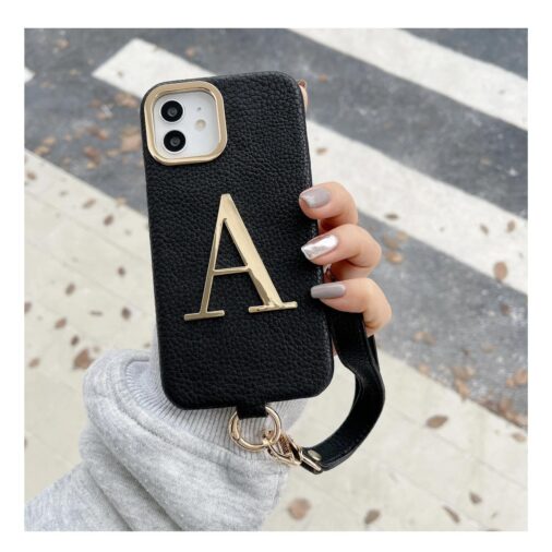 Luxury Leather iPhone Only Case With Custom Name Single Plain Golden Letter