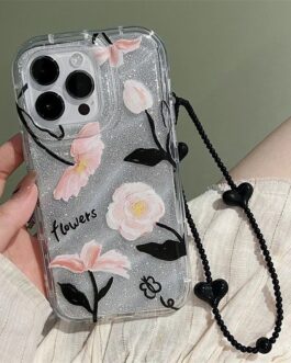 Dual Bling Glitter Transparent Flower Lanyard iPhone Soft Case