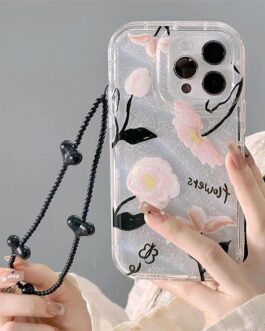Dual Bling Glitter Transparent Flower Lanyard iPhone Soft Case