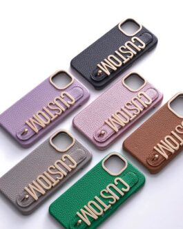 Luxury Leather iPhone Custom Name Plain Gold Metal Letters Bracelet Strap Case