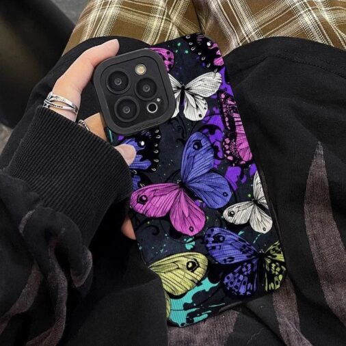 Colorful Butterflies iPhone Soft Black Textured Silicone Cas