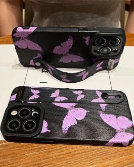 Black Purple Butterfly Bracelet Strap Stand iPhone Textured Soft Case