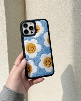 Blue Yellow Flower Winter Fur Fabric Plush iPhone Silicone Case