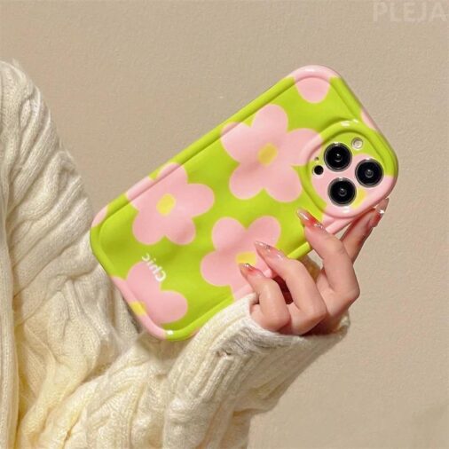 Cute Green Meteorite Chic Pink Flower iPhone Silicone Soft Case