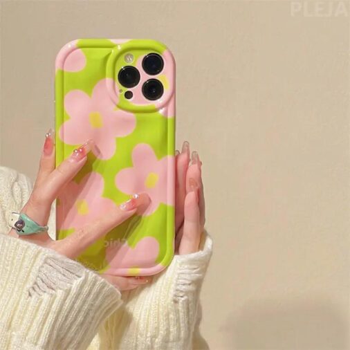 Cute Green Meteorite Chic Pink Flower iPhone Silicone Soft Case