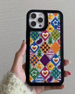 Cute 3D Plush Embroidery Fur Fabric Love Heart Grid iPhone Silicone Case
