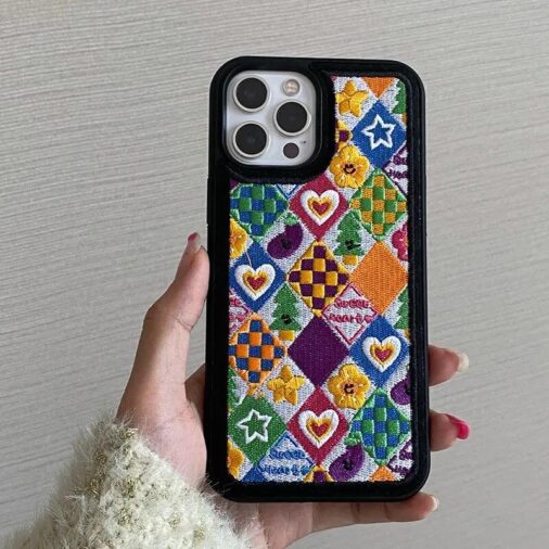 Cute 3D Plush Embroidery Love Heart Grid iPhone Silicone Case
