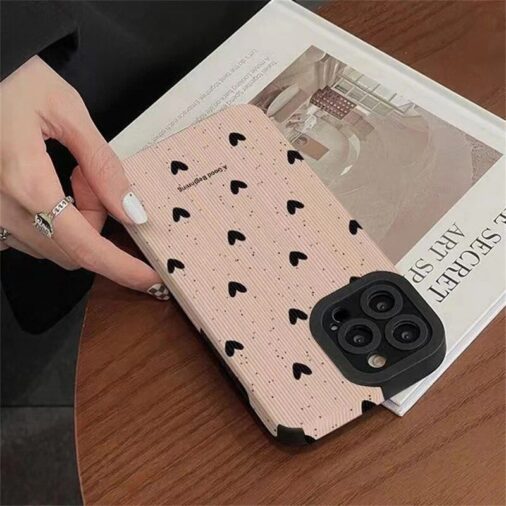 Pink Black Hearts iPhone Soft Black Textured Silicone Case