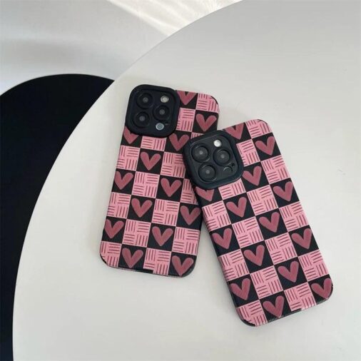 Pink Love Heart Plaid Textured iPhone Soft Silicone Case