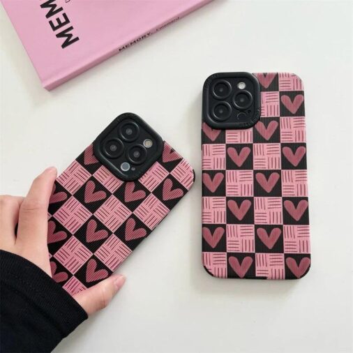 Pink Love Heart Plaid Textured iPhone Soft Silicone Case