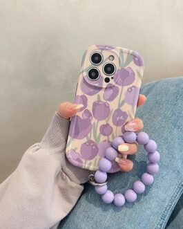 Purple Floral Tulip Glossy Soft Silicone Case With Ring Stand